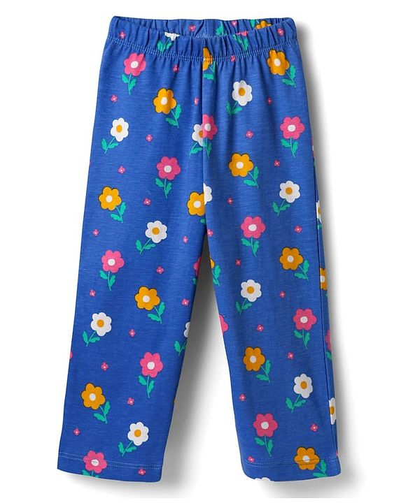 Babyhug 100% Cotton Knit Half Sleeves Co-ords Front Open Night Suit With Floral Print - Blue