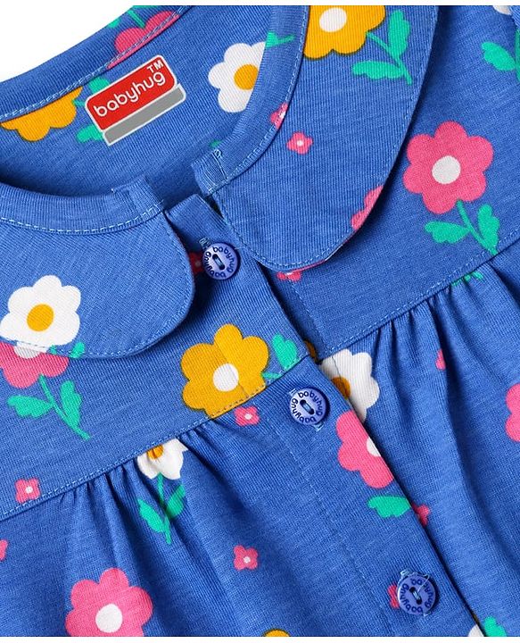 Babyhug 100% Cotton Knit Half Sleeves Co-ords Front Open Night Suit With Floral Print - Blue
