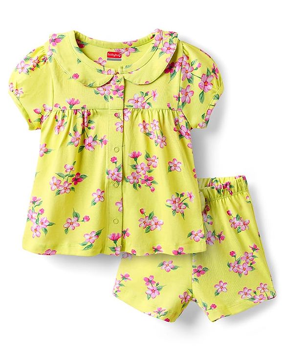 Babyhug Cotton Knit Half Sleeves Co-ord Shorts Night Suit With Floral Print - Yellow