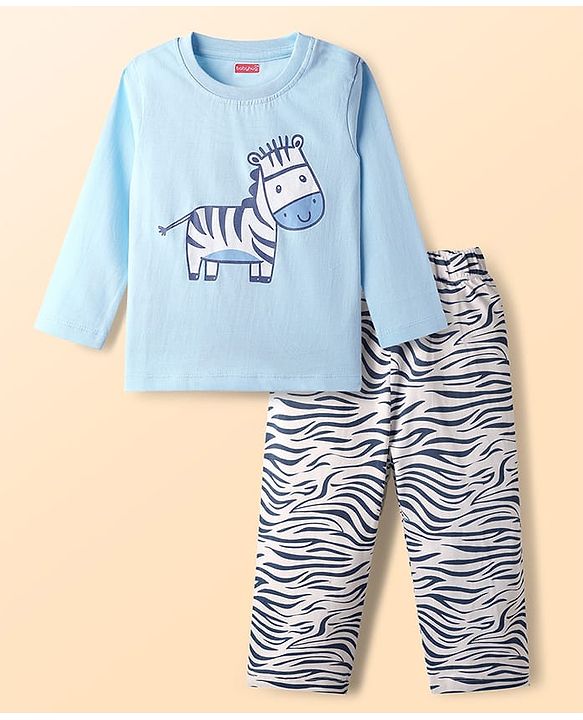 Babyhug Cotton Knit Full Sleeves Night Suit With Zebra Print - Light Blue