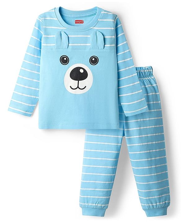 Babyhug Cotton Knit Full Sleeves Night Suit With Stripes & Bear Applique - Light Blue