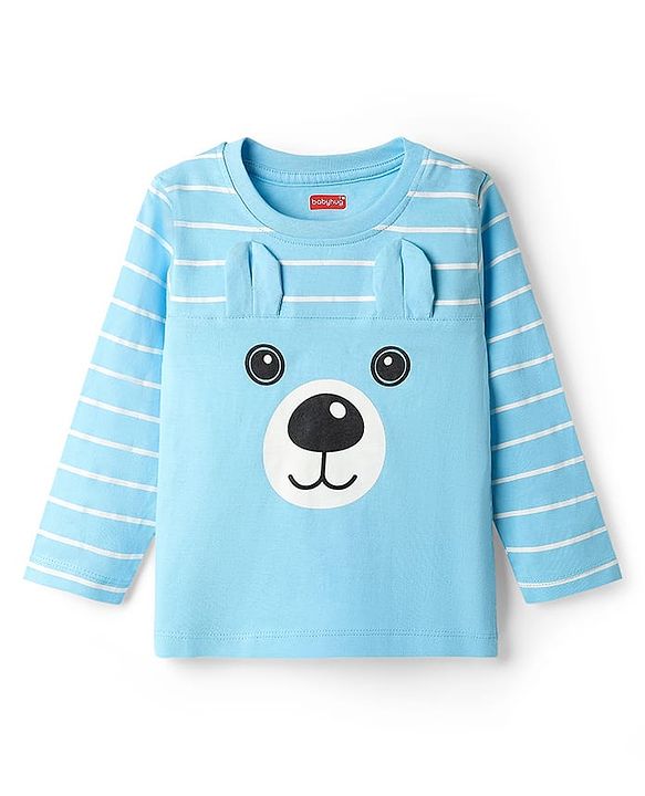 Babyhug Cotton Knit Full Sleeves Night Suit With Stripes & Bear Applique - Light Blue