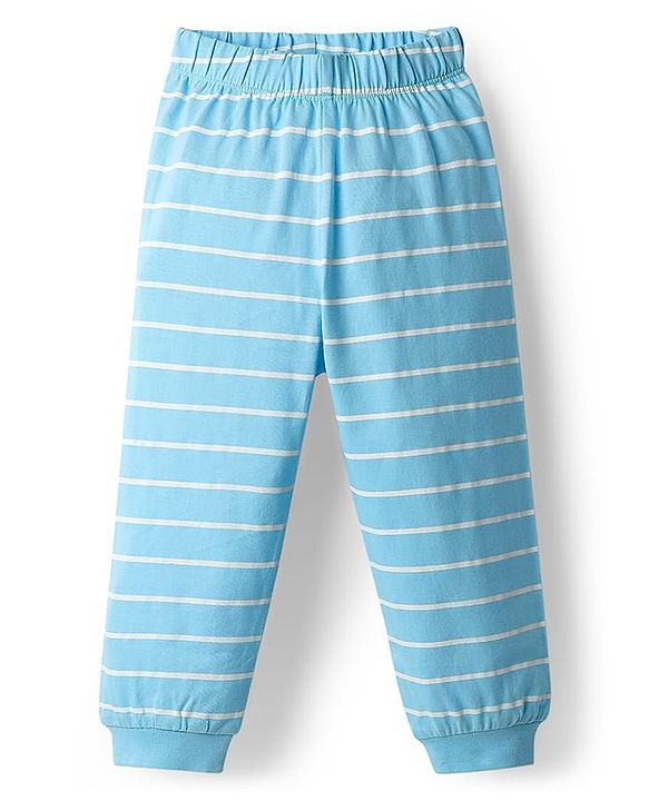 Babyhug Cotton Knit Full Sleeves Night Suit With Stripes & Bear Applique - Light Blue