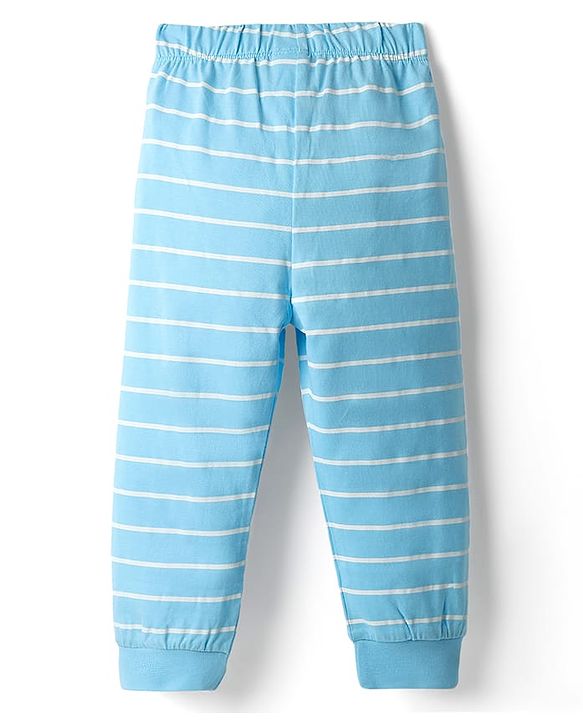 Babyhug Cotton Knit Full Sleeves Night Suit With Stripes & Bear Applique - Light Blue