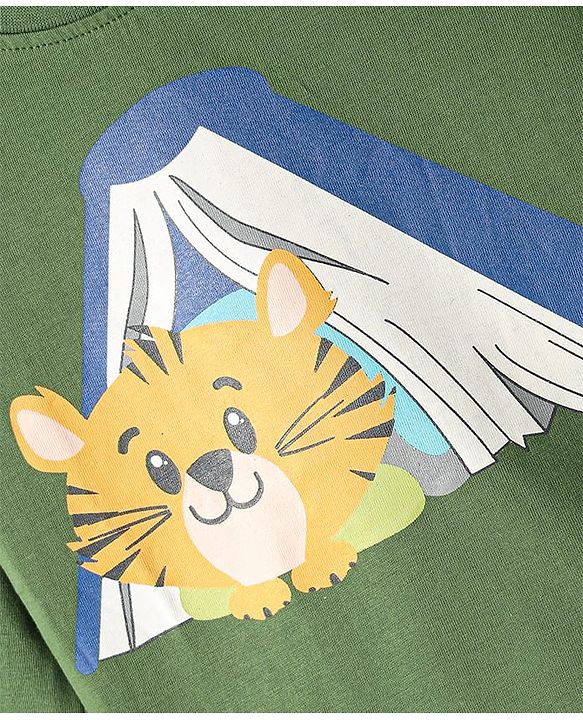 Babyhug Cotton Knit Full Sleeves Night Suit With Stripes & Animal Print - Olive Green & Yellow
