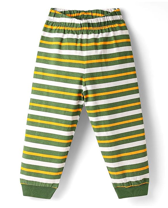 Babyhug Cotton Knit Full Sleeves Night Suit With Stripes & Animal Print - Olive Green & Yellow
