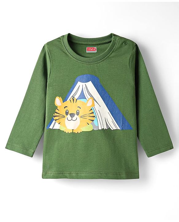 Babyhug Cotton Knit Full Sleeves Night Suit With Stripes & Animal Print - Olive Green & Yellow