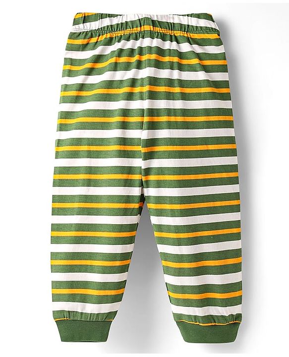 Babyhug Cotton Knit Full Sleeves Night Suit With Stripes & Animal Print - Olive Green & Yellow