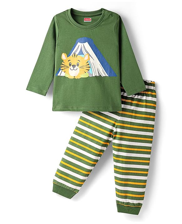 Babyhug Cotton Knit Full Sleeves Night Suit With Stripes & Animal Print - Olive Green & Yellow