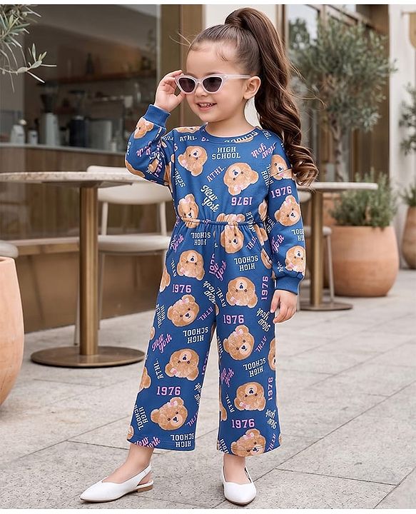 Babyhug Cotton Knit Full Sleeves Jumpsuit with Bear Print - Blue