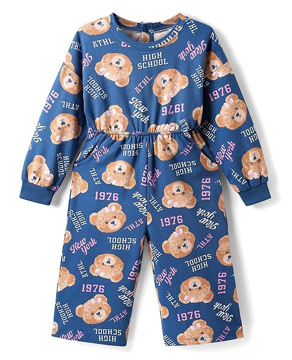 Babyhug Cotton Knit Full Sleeves Jumpsuit with Bear Print - Blue