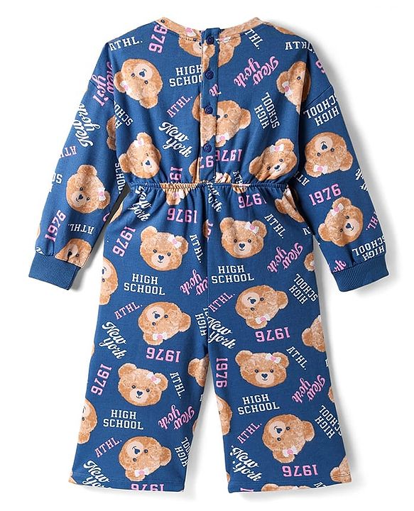 Babyhug Cotton Knit Full Sleeves Jumpsuit with Bear Print - Blue