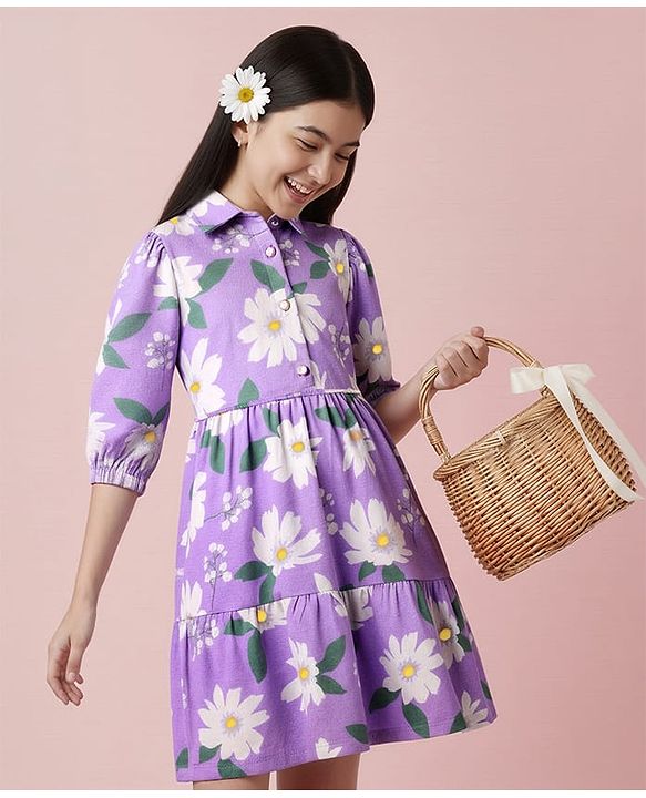 Pine Kids 100% Cotton Three Forth Sleeves Frock With Collar Neck Floral Print - Purple