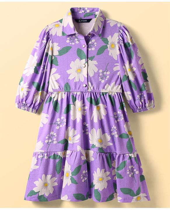 Pine Kids 100% Cotton Three Forth Sleeves Frock With Collar Neck Floral Print - Purple