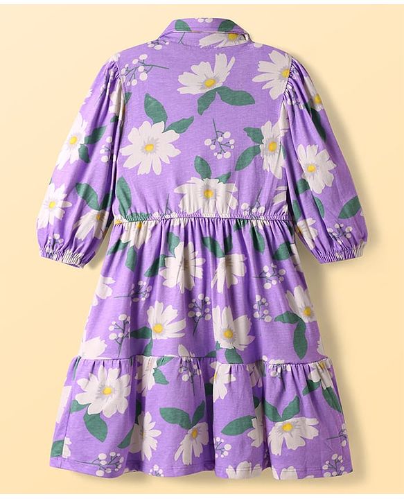 Pine Kids 100% Cotton Three Forth Sleeves Frock With Collar Neck Floral Print - Purple
