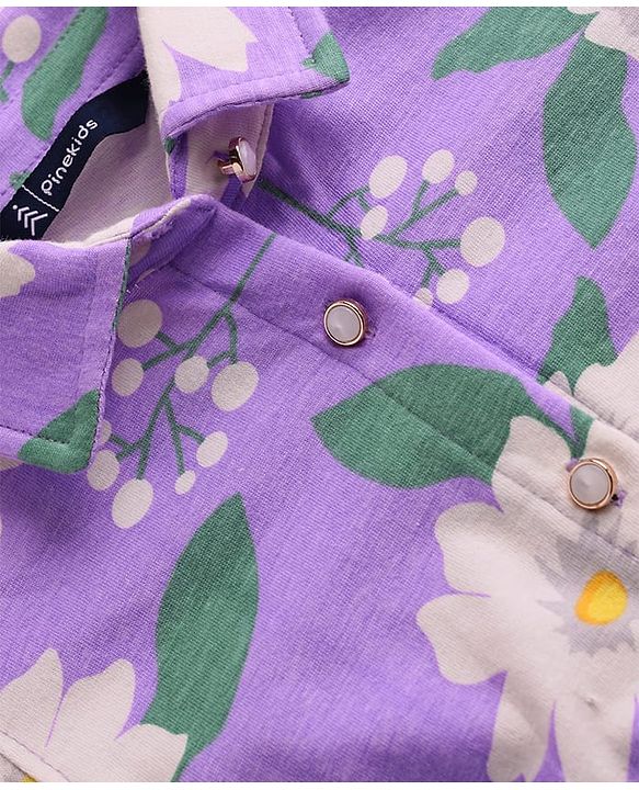 Pine Kids 100% Cotton Three Forth Sleeves Frock With Collar Neck Floral Print - Purple