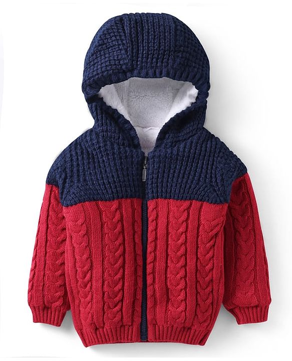 Babyhug Knit Full Sleeves Fur Lined Hooded Sweater With Cable Knit Design - Red