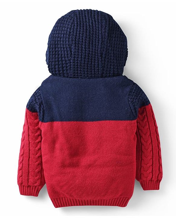Babyhug Knit Full Sleeves Fur Lined Hooded Sweater With Cable Knit Design - Red