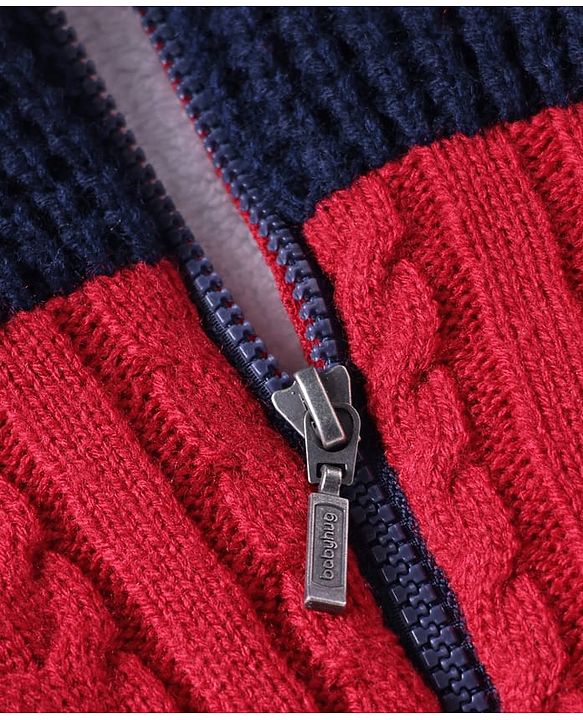 Babyhug Knit Full Sleeves Fur Lined Hooded Sweater With Cable Knit Design - Red