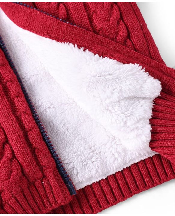 Babyhug Knit Full Sleeves Fur Lined Hooded Sweater With Cable Knit Design - Red
