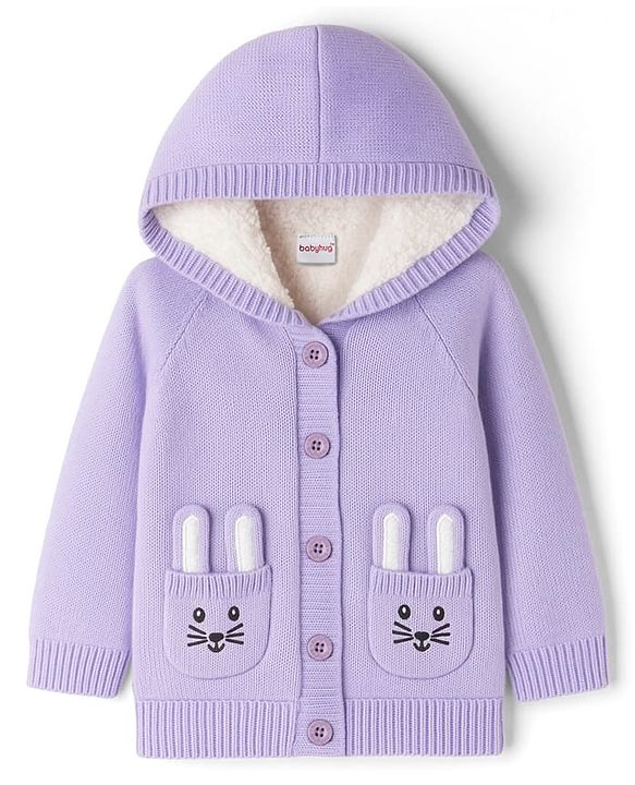 Babyhug Knitted Full Raglan Sleeves Hooded Front Open Sweater With Bunny Pockets - Lilac