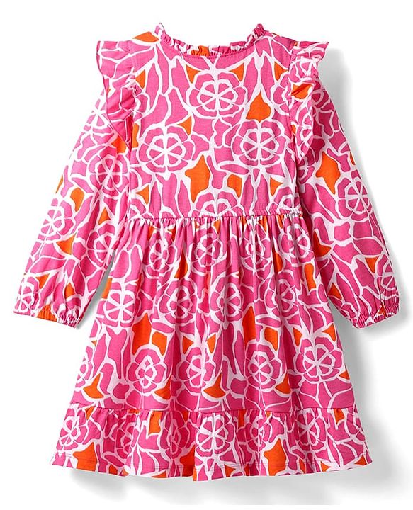 Pine Kids 100% Cotton Full Sleeves Frocks With Floral Print - Pink