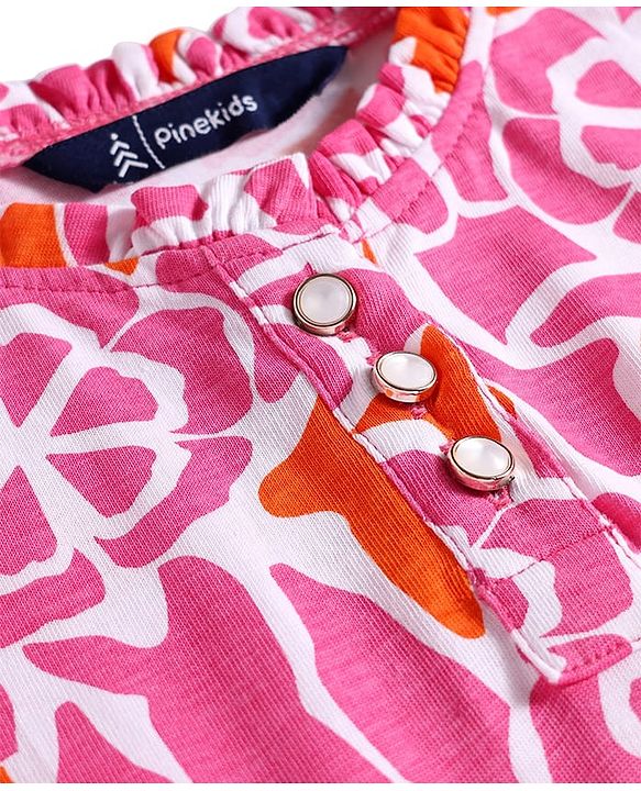 Pine Kids 100% Cotton Full Sleeves Frocks With Floral Print - Pink