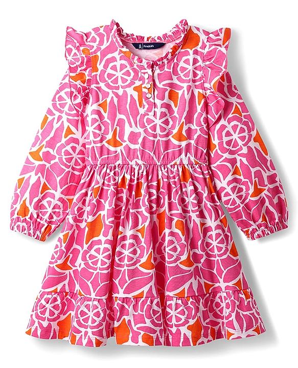 Pine Kids 100% Cotton Full Sleeves Frocks With Floral Print - Pink