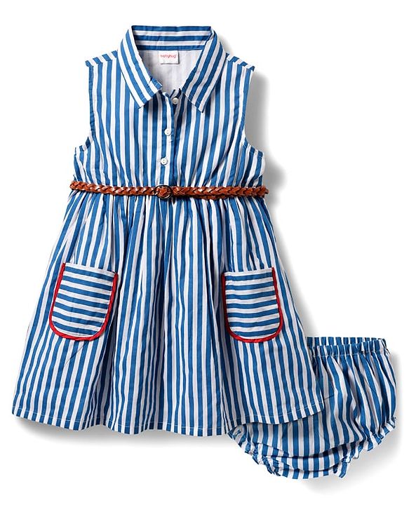 Babyhug Single Jersey Knit Collar Neck Sleeveless Striped Frock With Bloomers & Belt - Blue