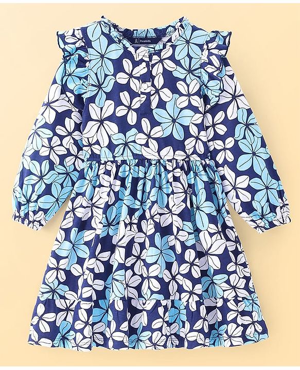 Pine Kids Cotton Knit Full Peasant Sleeves Frock With Floral Print - Blue