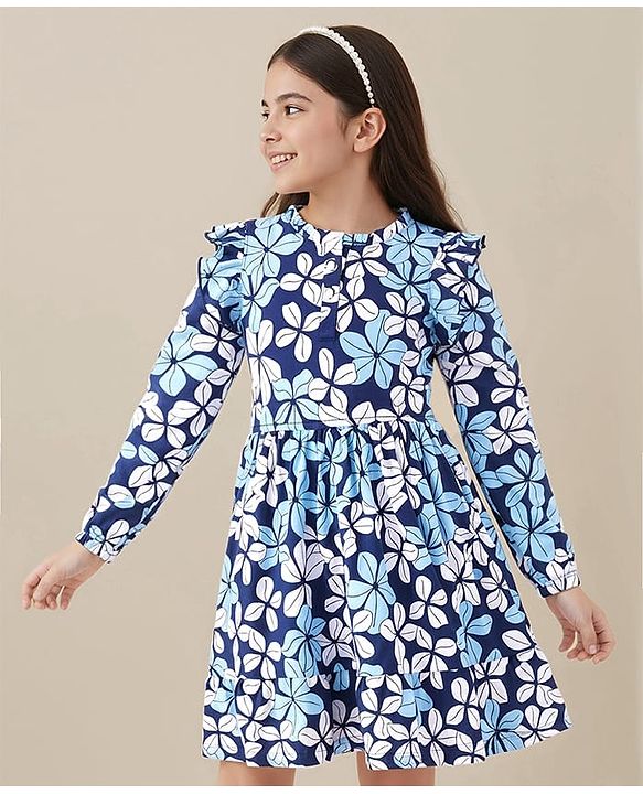 Pine Kids Cotton Knit Full Peasant Sleeves Frock With Floral Print - Blue