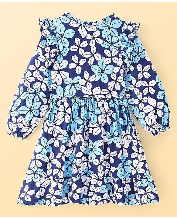 Pine Kids Cotton Knit Full Peasant Sleeves Frock With Floral Print - Blue