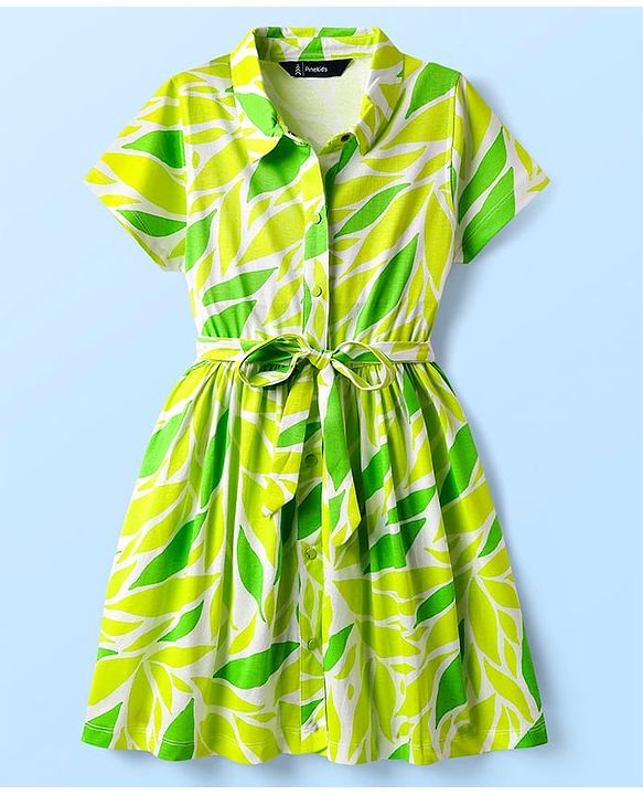 Pine Kids 100% Cotton Half Sleeves Frock With Tropical Theme Print - Lime Green