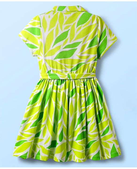 Pine Kids 100% Cotton Half Sleeves Frock With Tropical Theme Print - Lime Green