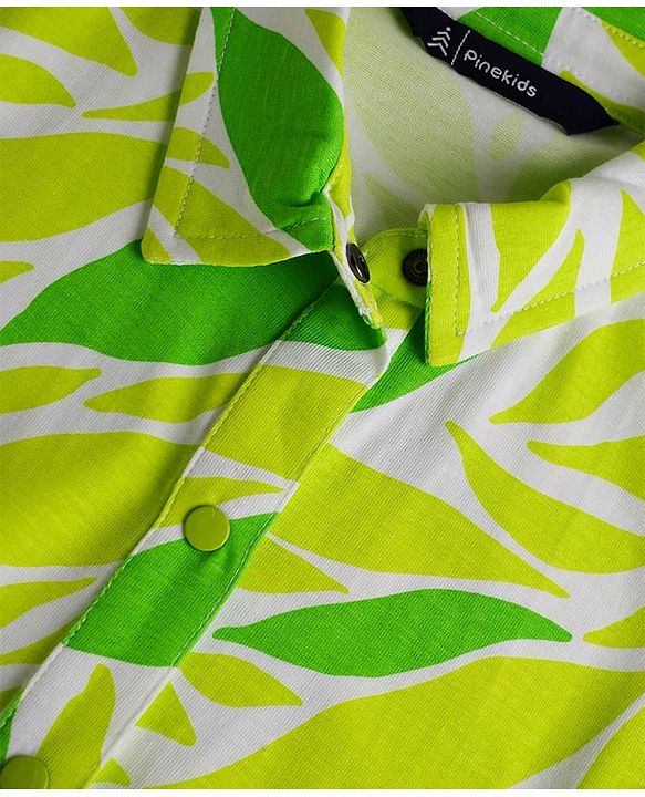 Pine Kids 100% Cotton Half Sleeves Frock With Tropical Theme Print - Lime Green