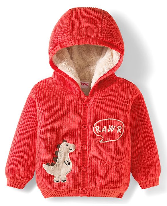 Babyhug Knit Full Sleeves Front Open Hooded Sweater with Dino Embroidery - Orange