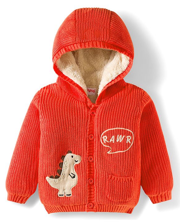 Babyhug Knit Full Sleeves Front Open Hooded Sweater with Dino Embroidery - Orange