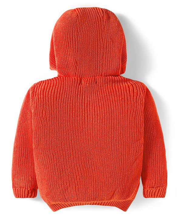 Babyhug Knit Full Sleeves Front Open Hooded Sweater with Dino Embroidery - Orange