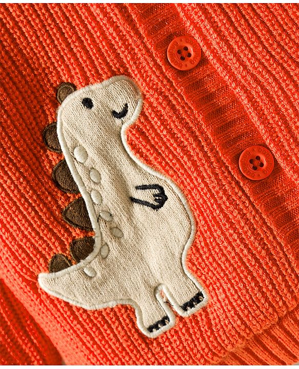 Babyhug Knit Full Sleeves Front Open Hooded Sweater with Dino Embroidery - Orange