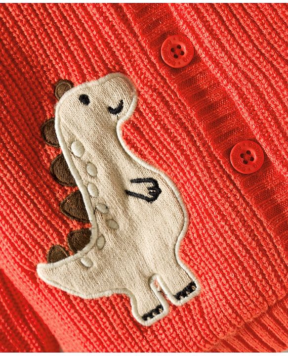 Babyhug Knit Full Sleeves Front Open Hooded Sweater with Dino Embroidery - Orange