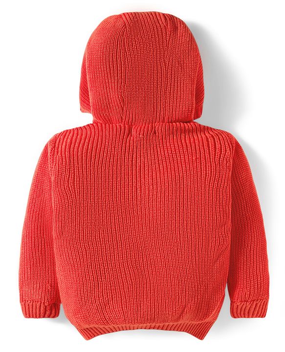 Babyhug Knit Full Sleeves Front Open Hooded Sweater with Dino Embroidery - Orange