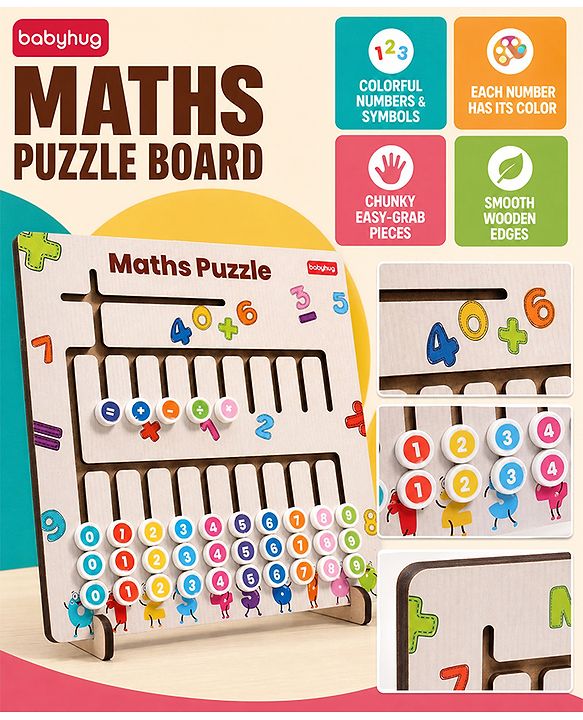 Babyhug Wooden Maths Puzzle Board for Kids| Learn Counting, Number Tracing & Matching| Montessori-Inspired Educational Toy| Early Brain Development| Motor Skills| Gift for Boys & Girls