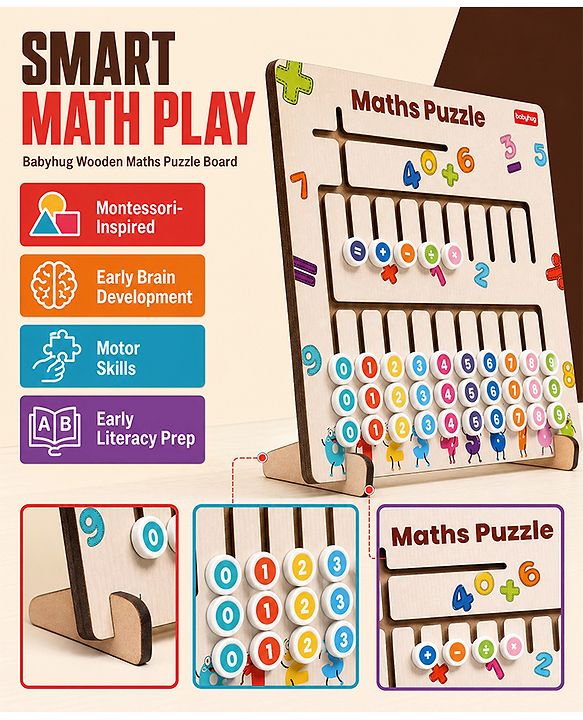Babyhug Wooden Maths Puzzle Board for Kids| Learn Counting, Number Tracing & Matching| Montessori-Inspired Educational Toy| Early Brain Development| Motor Skills| Gift for Boys & Girls