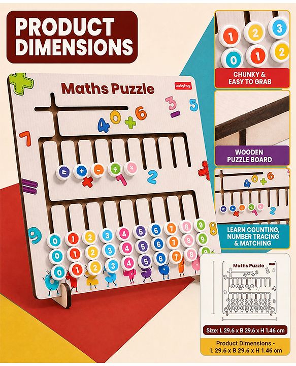 Babyhug Wooden Maths Puzzle Board for Kids| Learn Counting, Number Tracing & Matching| Montessori-Inspired Educational Toy| Early Brain Development| Motor Skills| Gift for Boys & Girls