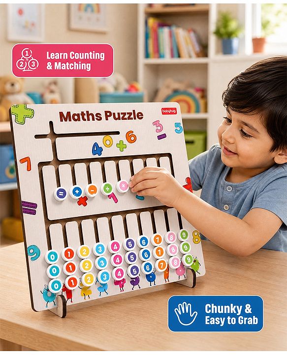 Babyhug Wooden Maths Puzzle Board for Kids| Learn Counting, Number Tracing & Matching| Montessori-Inspired Educational Toy| Early Brain Development| Motor Skills| Gift for Boys & Girls