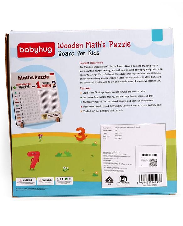 Babyhug Wooden Maths Puzzle Board for Kids| Learn Counting, Number Tracing & Matching| Montessori-Inspired Educational Toy| Early Brain Development| Motor Skills| Gift for Boys & Girls
