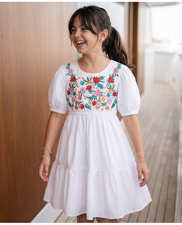 Pine Kids 100% Cotton Half Sleeves Floral Embroidered Frock - White