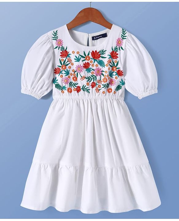 Pine Kids 100% Cotton Half Sleeves Floral Embroidered Frock - White