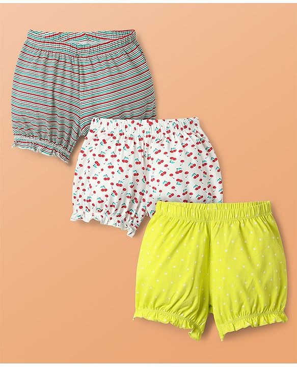 Pine Kids Cotton Elastane Knit Bloomers with Stripes & Cherry Print Pack of 3 (Color May Vary)