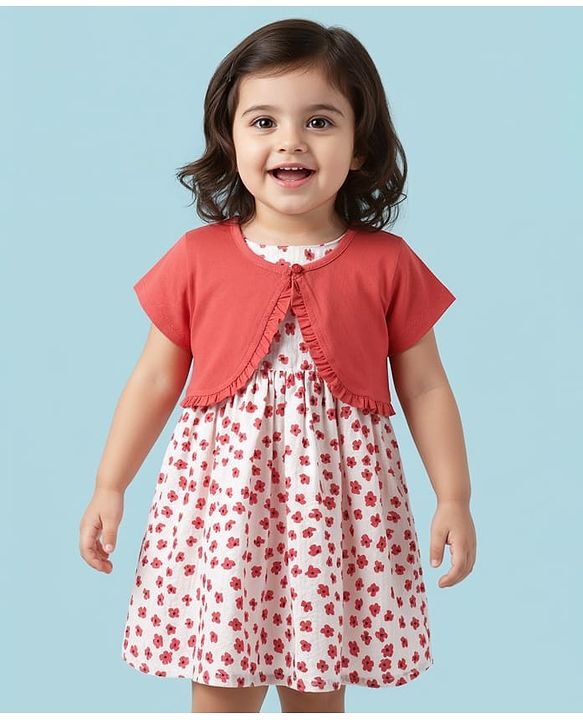 Babyhug Cotton Woven Half Sleeves Floral Printed Frock With Jacket - Red & White